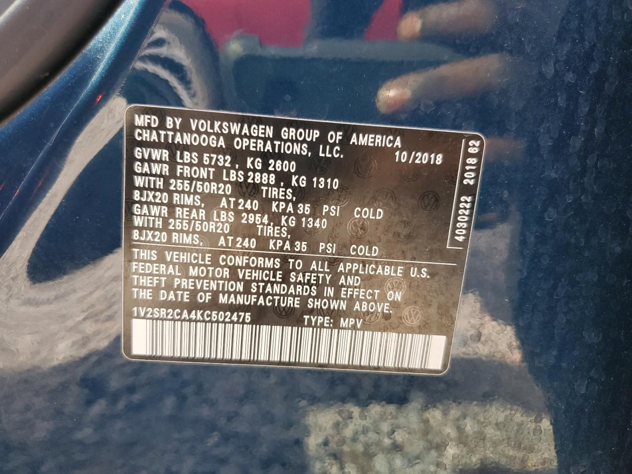 2019 Volkswagen Atlas VIN 1V2SR2CA4KC502475 Copart auction photo, front end damage thumbnail 13