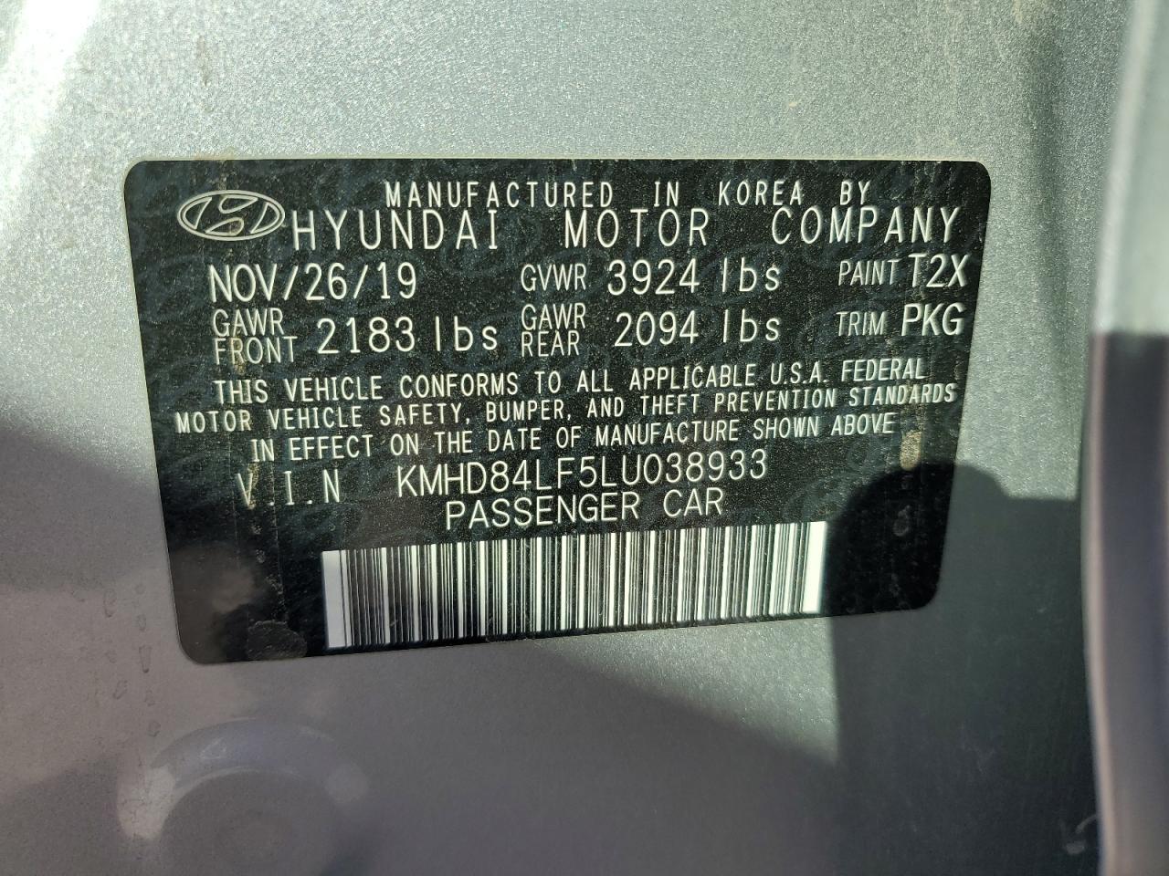 2020 Hyundai Elantra VIN KMHD84LF5LU038933 Copart auction photo, mechanical damage thumbnail 12