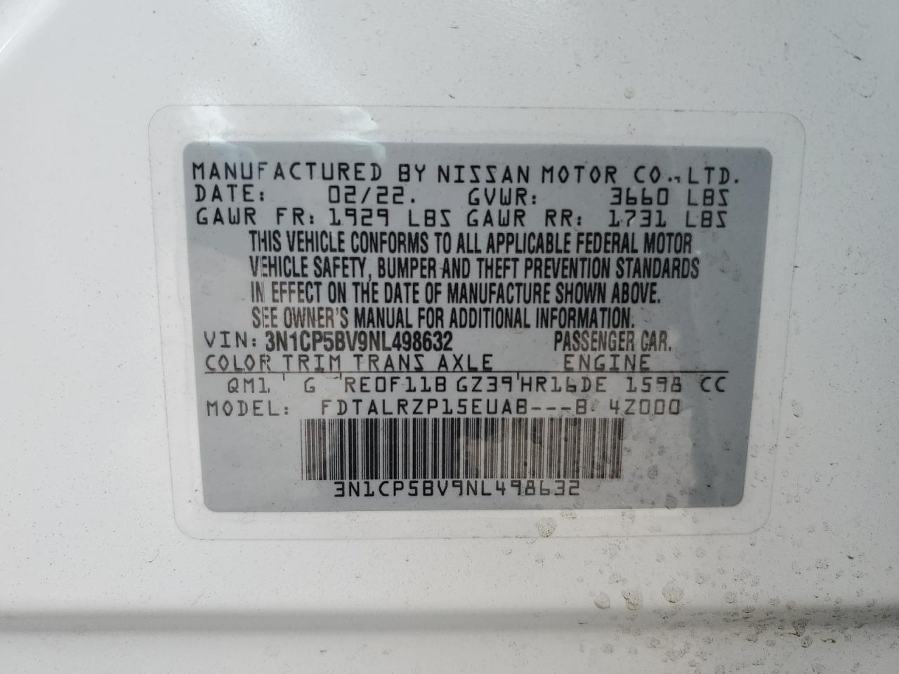 2022 Nissan Kicks VIN 3N1CP5BV9NL498632 Copart auction photo, side damage thumbnail 14