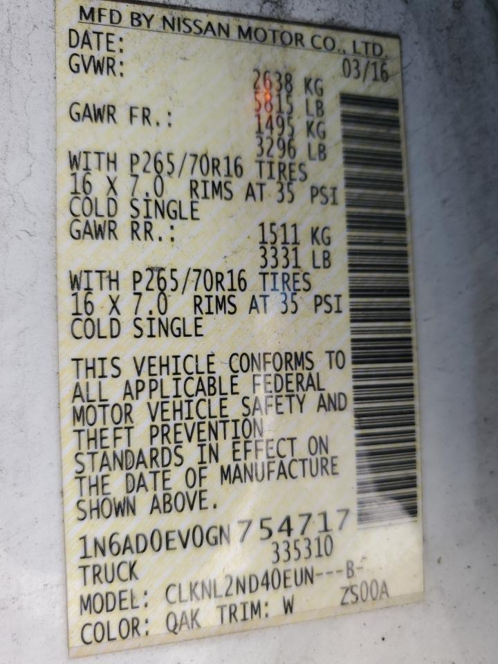 2016 Nissan Navara (Frontier) VIN 1N6AD0EV0GN754717 Copart auction photo, water/flood damage thumbnail 13