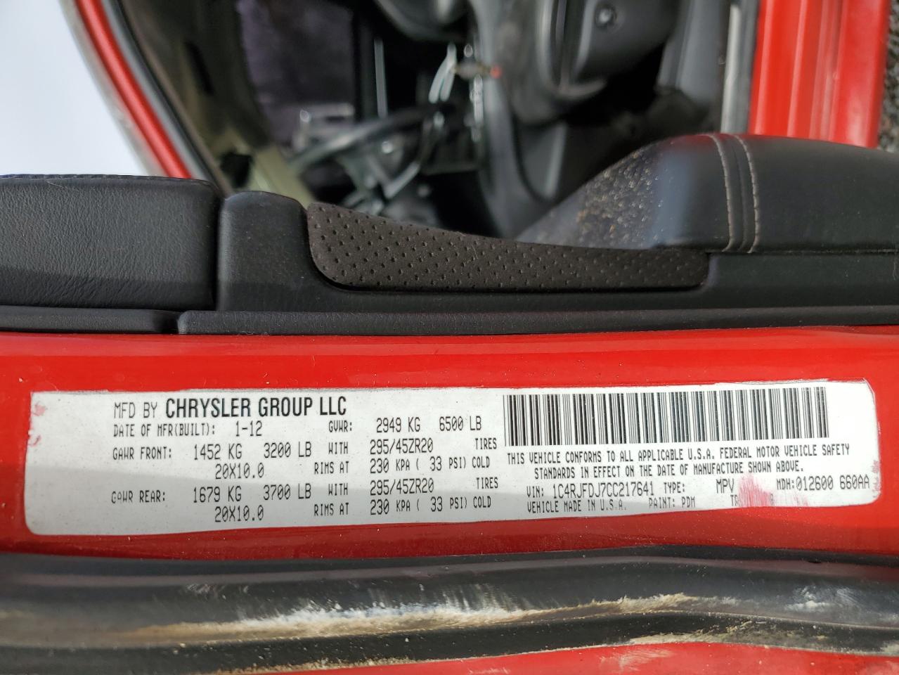 2012 Jeep Grand Cherokee VIN 1C4RJFDJ7CC217641 Copart auction photo, burn damage thumbnail 15