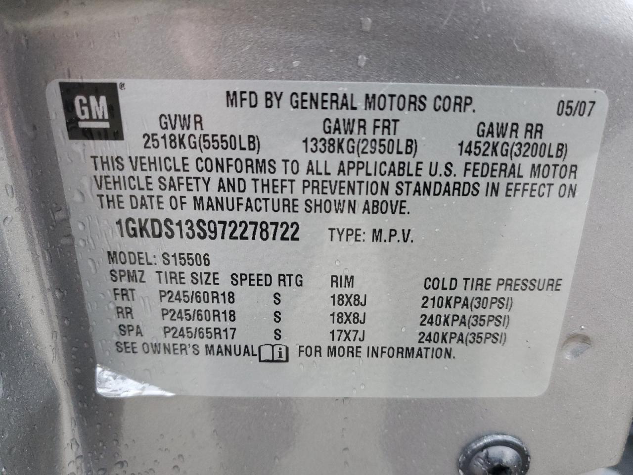 2007 GMC Envoy VIN 1GKDS13S972278722 Copart auction photo, side damage thumbnail 13