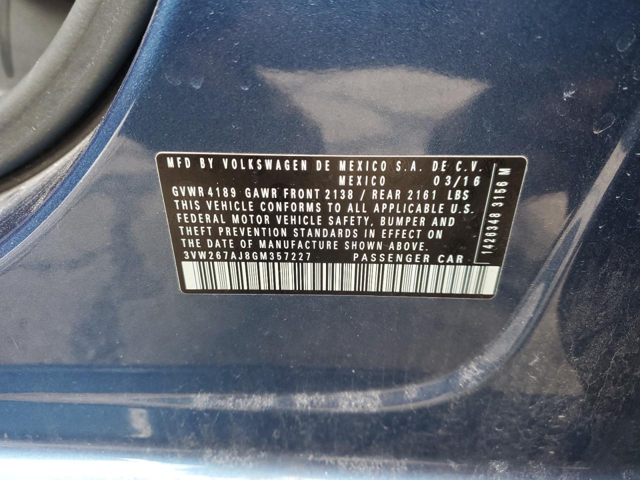 2016 Volkswagen Jetta VIN 3VW267AJ8GM357227 Copart auction photo, rear end damage thumbnail 12