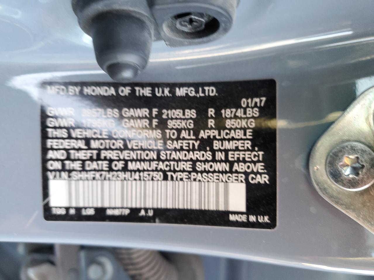 2017 Honda Civic VIN SHHFK7H23HU415750 Copart auction photo, front end / rear end damage thumbnail 13