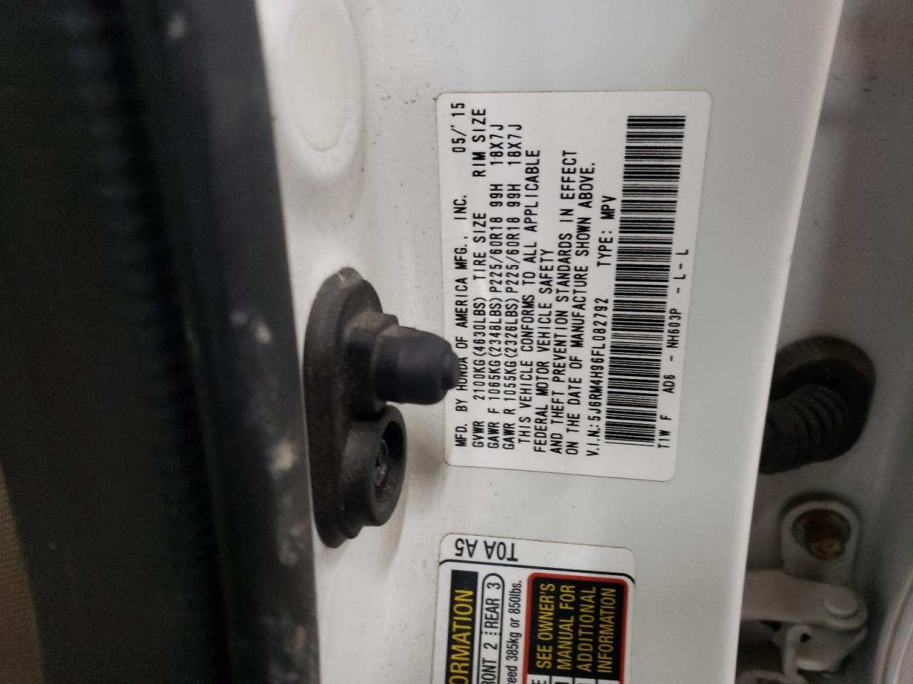 2015 Honda CR-V VIN 5J6RM4H96FL082792 Copart auction photo, all over damage thumbnail 13
