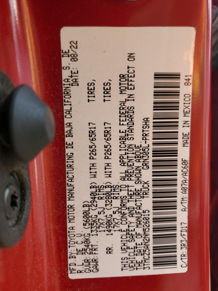 2022 Toyota Tacoma VIN 3TMCZ5AN2NM526015 Copart auction photo, mechanical damage thumbnail 12