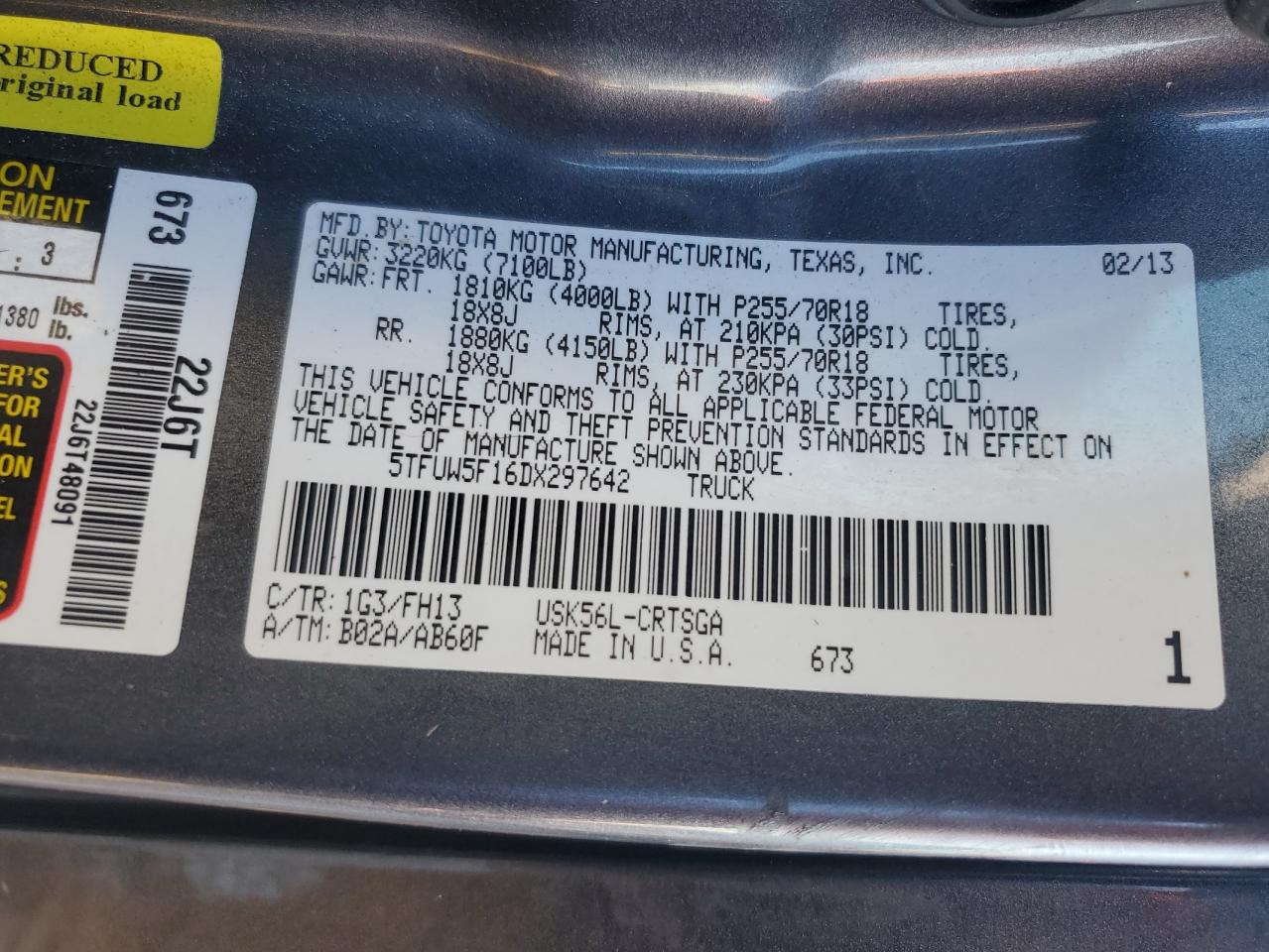 2013 Toyota Tundra VIN 5TFUW5F16DX297642 Copart auction photo, all over damage thumbnail 12