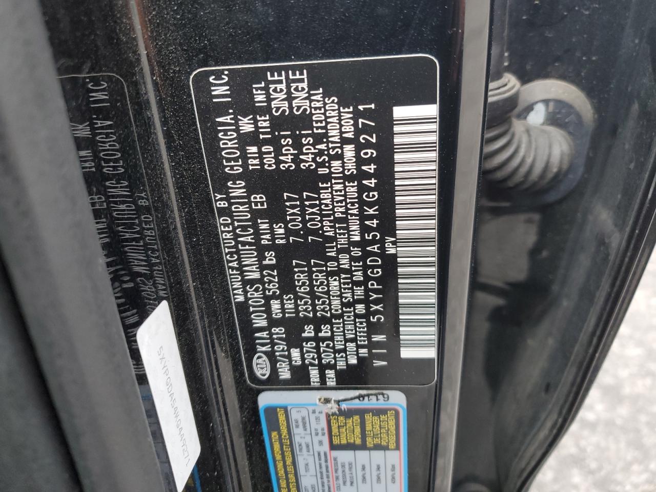 2019 KIA Sorento VIN 5XYPGDA54KG449271 Copart auction photo, front end / undercarriage damage thumbnail 16