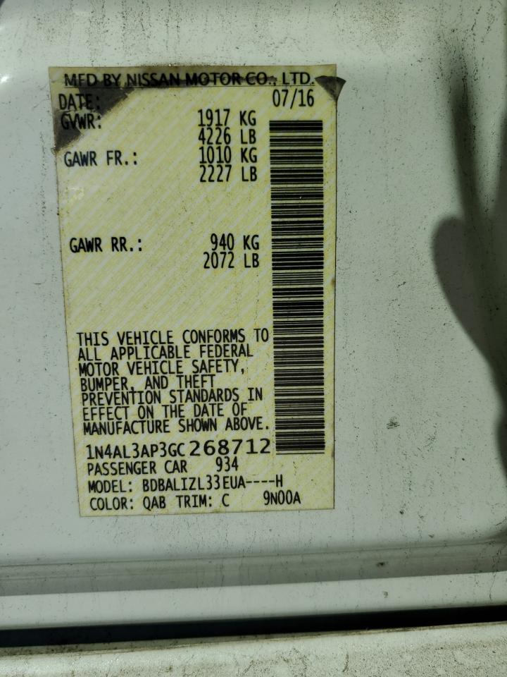 2016 Nissan Altima VIN 1N4AL3AP3GC268712 Copart auction photo, front end damage thumbnail 12