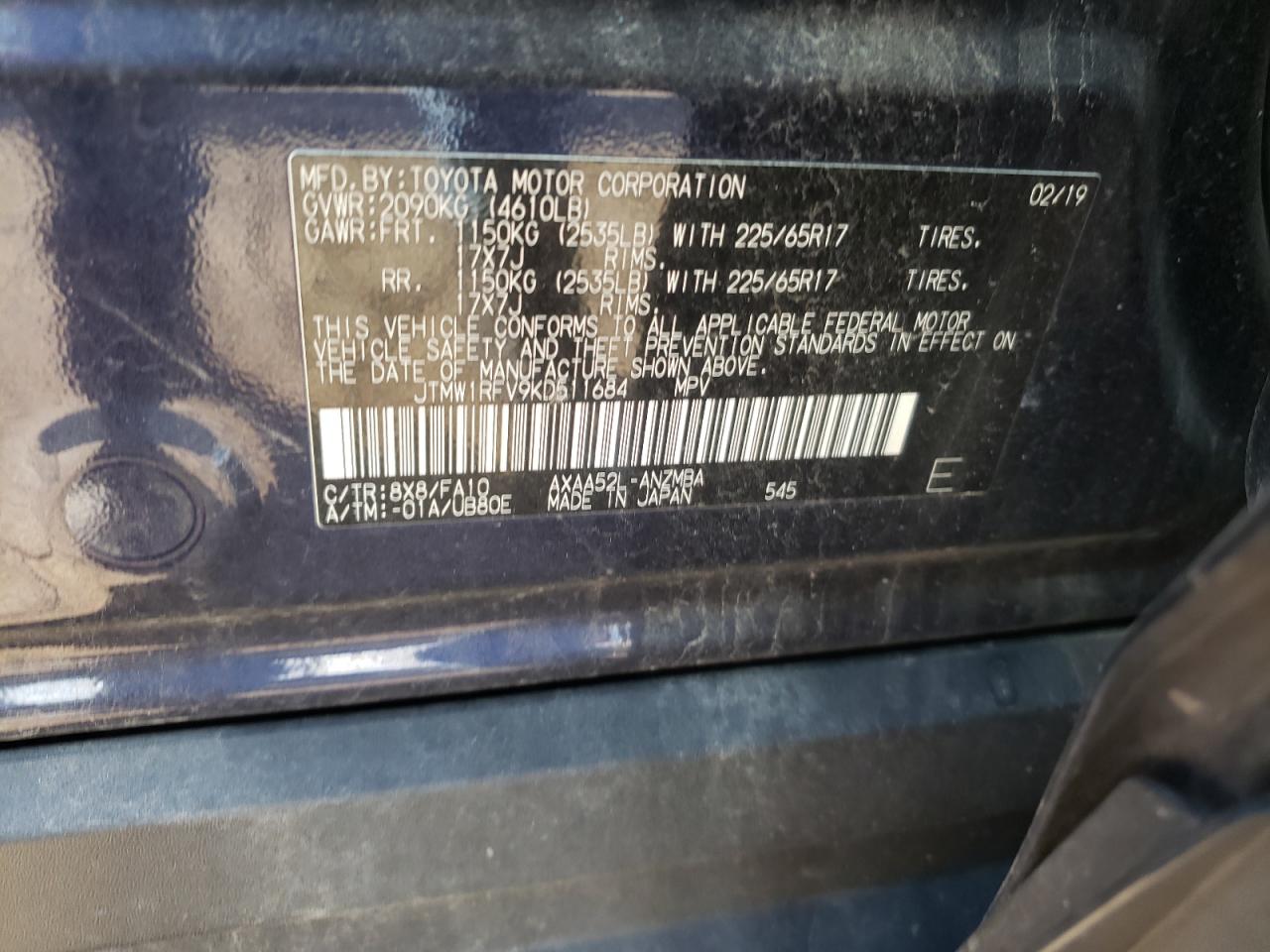2019 Toyota RAV 4 VIN JTMW1RFV9KD511684 Copart auction photo, front end damage thumbnail 14