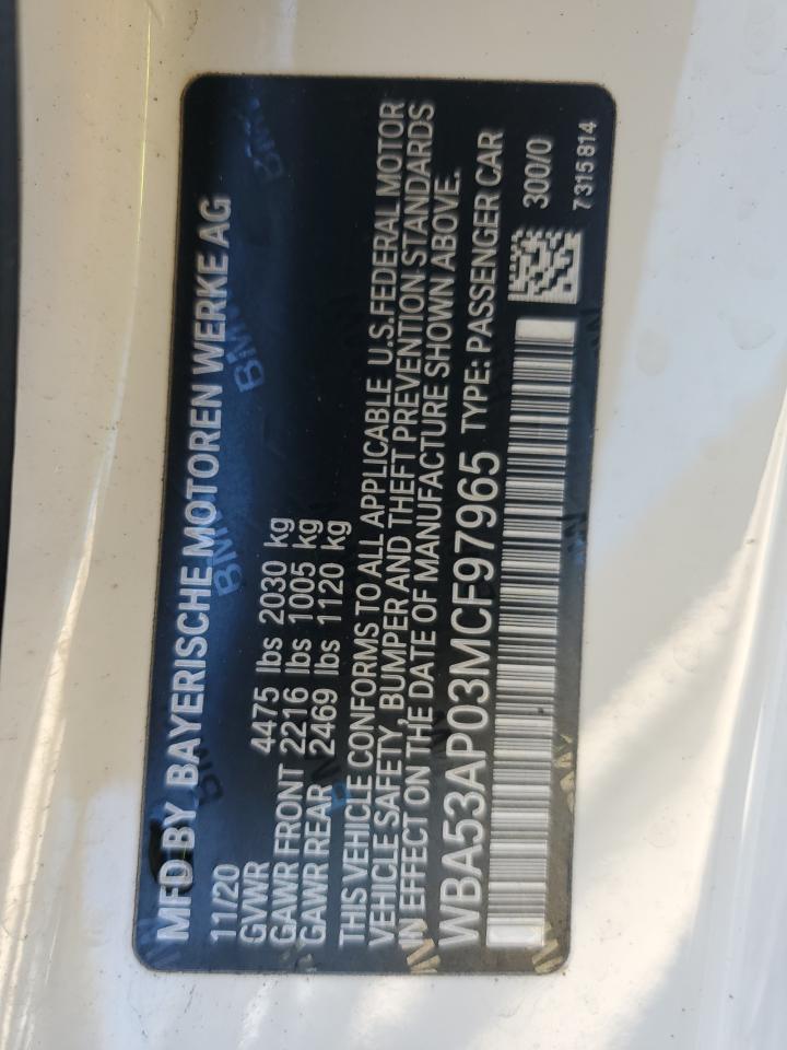 2021 BMW 4er VIN WBA53AP03MCF97965 Copart auction photo, water/flood damage thumbnail 12