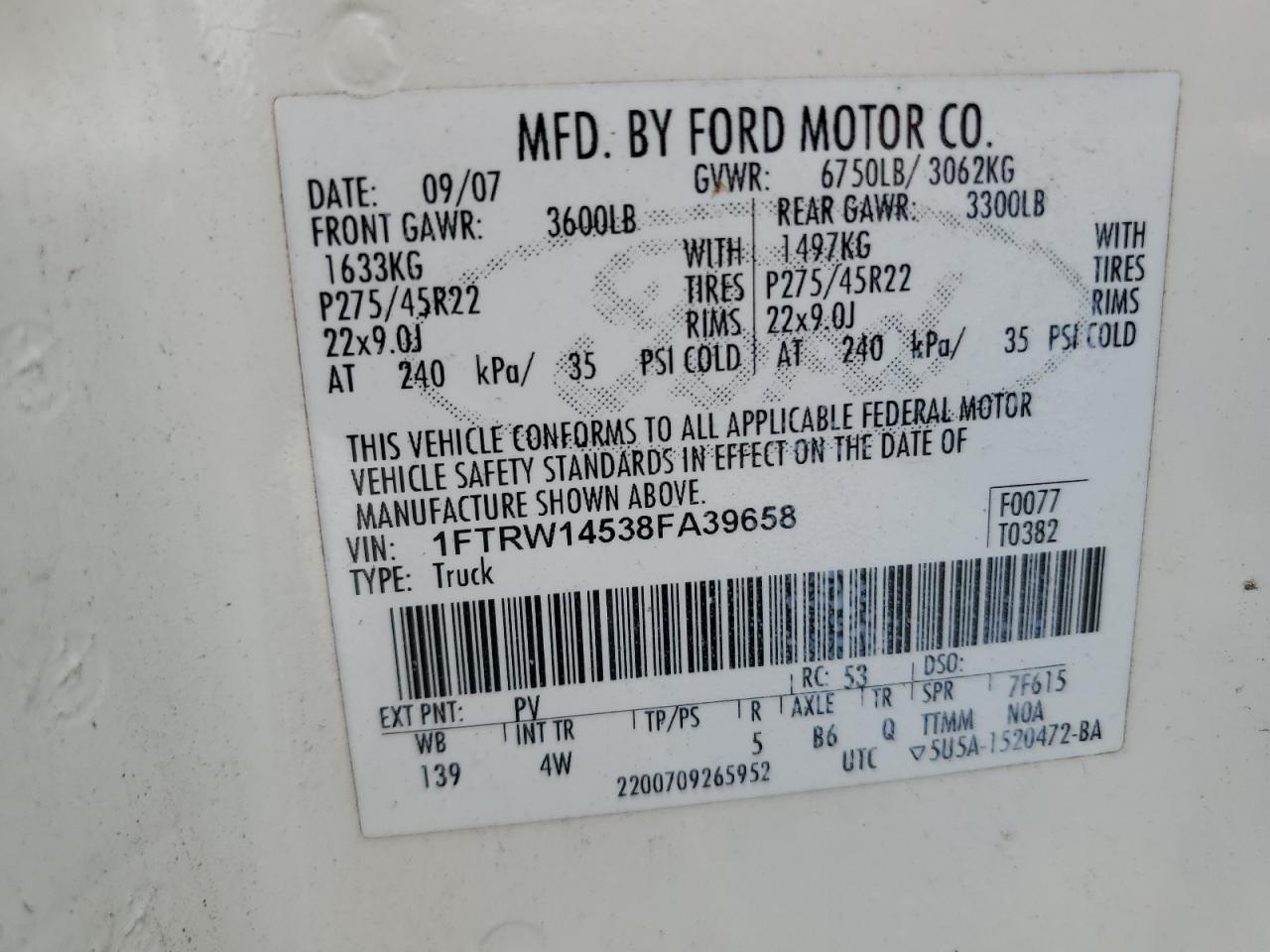 2008 Ford F-150 VIN 1FTRW14538FA39658 Copart auction photo, normal wear damage thumbnail 12