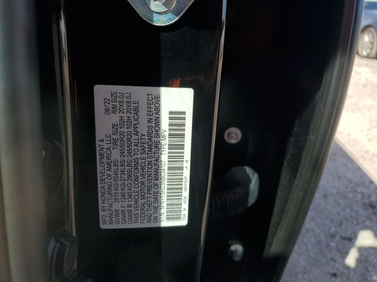 2022 Honda Pilot VIN 5FNYF5H23NB034107 Copart auction photo, front end damage thumbnail 13