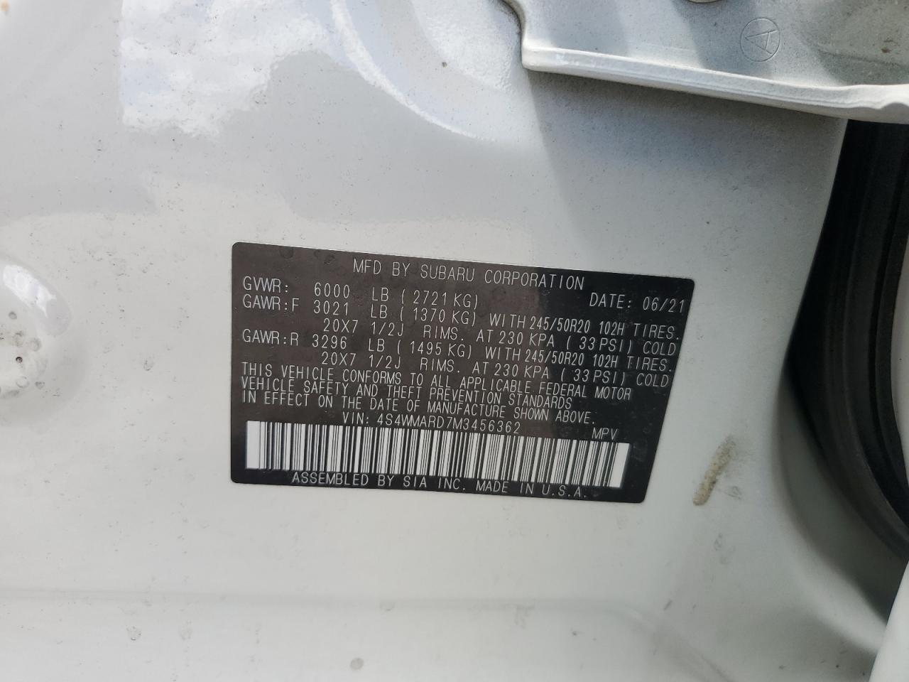 2021 Subaru Ascent VIN 4S4WMARD7M3456362 Copart auction photo, all over damage thumbnail 14