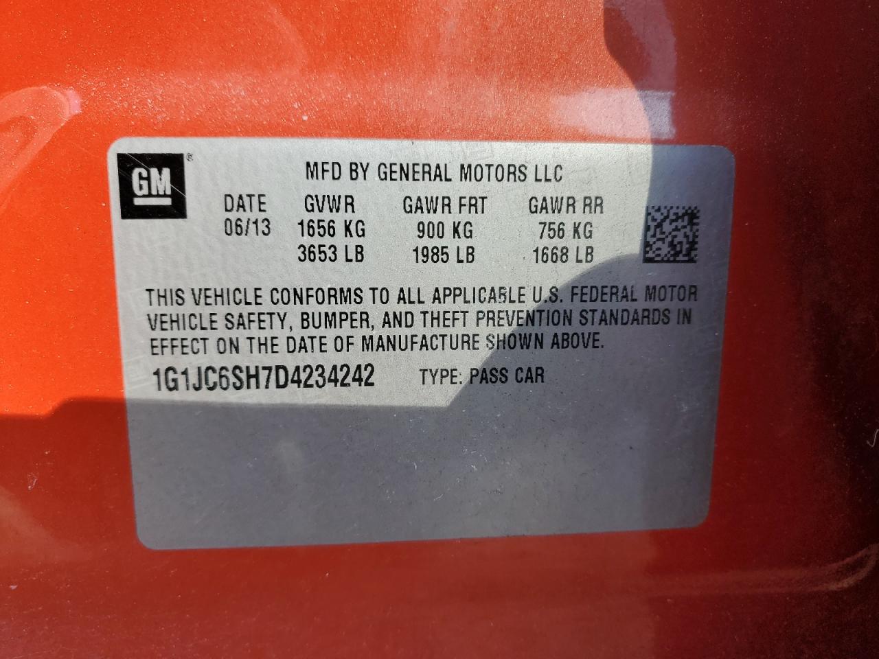 2013 Chevrolet Sonic VIN 1G1JC6SH7D4234242 Copart auction photo, minor dent/scratches damage thumbnail 12