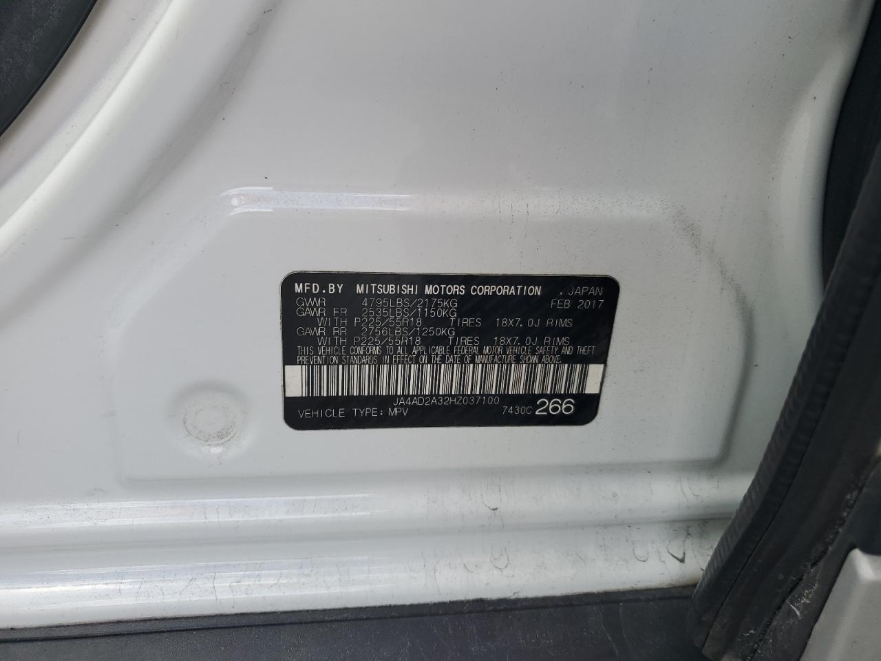 2017 Mitsubishi Outlander VIN JA4AD2A32HZ037100 Copart auction photo, front end / side damage thumbnail 13