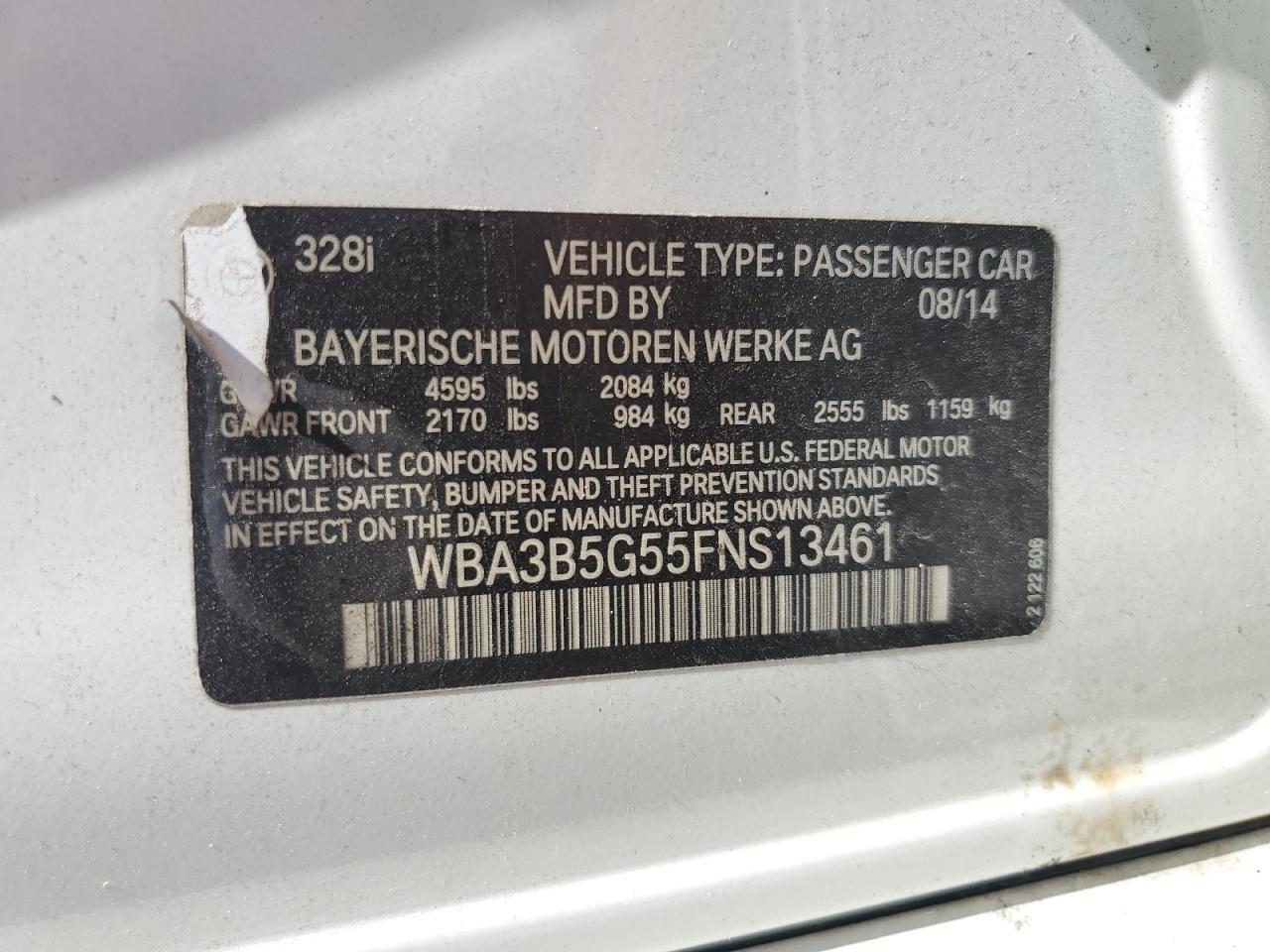 2015 BMW 3er VIN WBA3B5G55FNS13461 Copart auction photo, front end / side damage thumbnail 12
