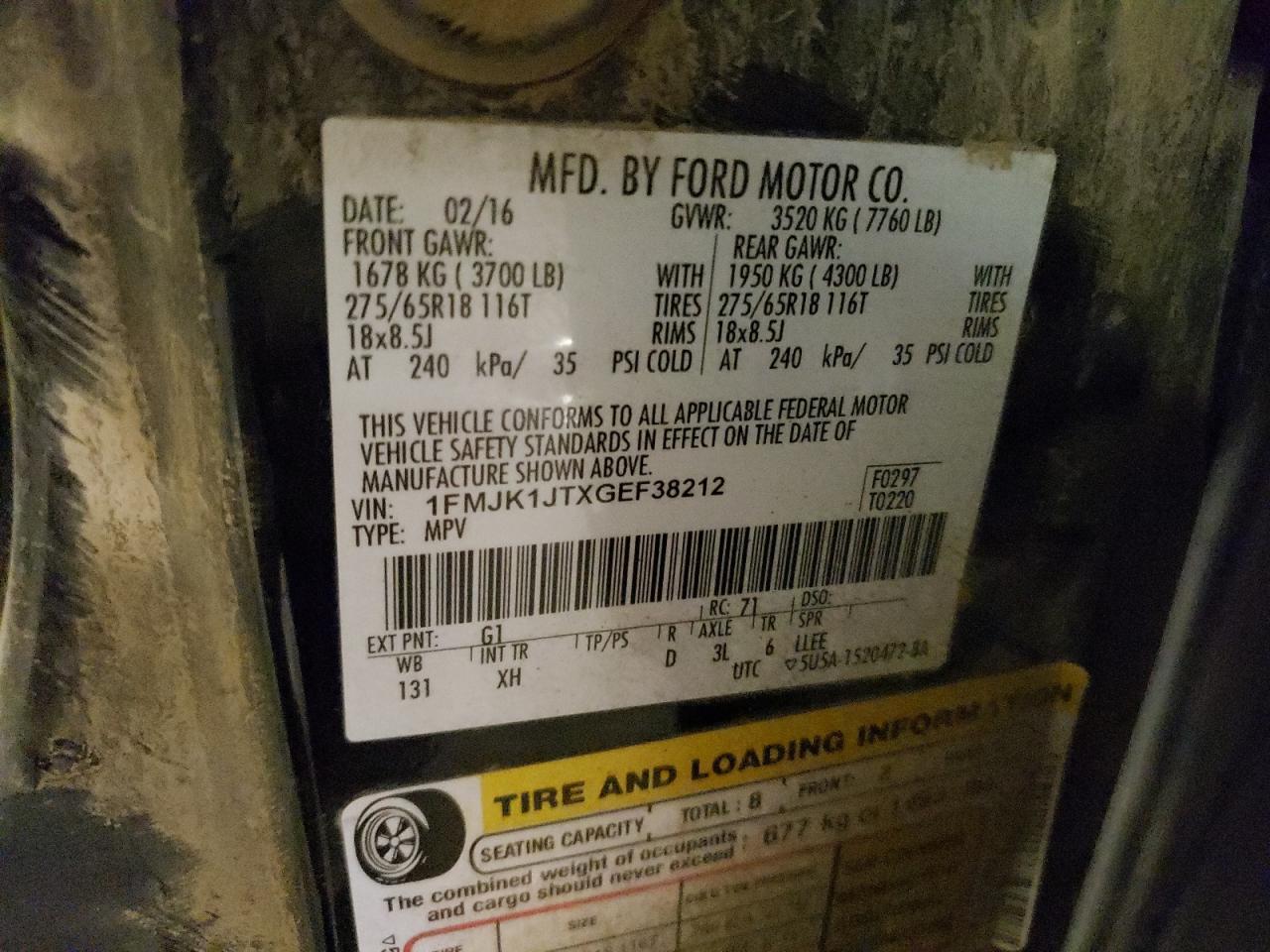 2016 Ford Expedition VIN 1FMJK1JTXGEF38212 Copart auction photo, side damage thumbnail 13