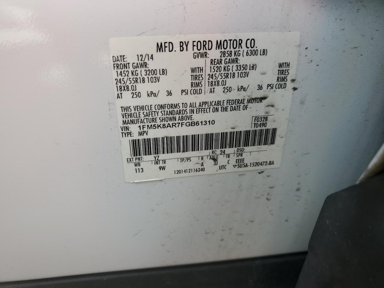 2015 Ford Explorer VIN 1FM5K8AR7FGB61310 Copart auction photo, water/flood damage thumbnail 14
