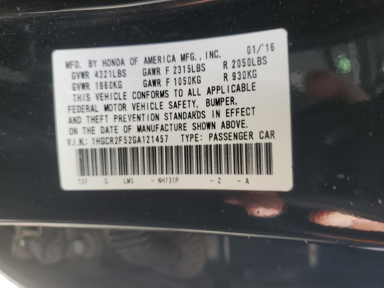 2016 Honda Accord VIN 1HGCR2F52GA121457 Copart auction photo, front end damage thumbnail 12