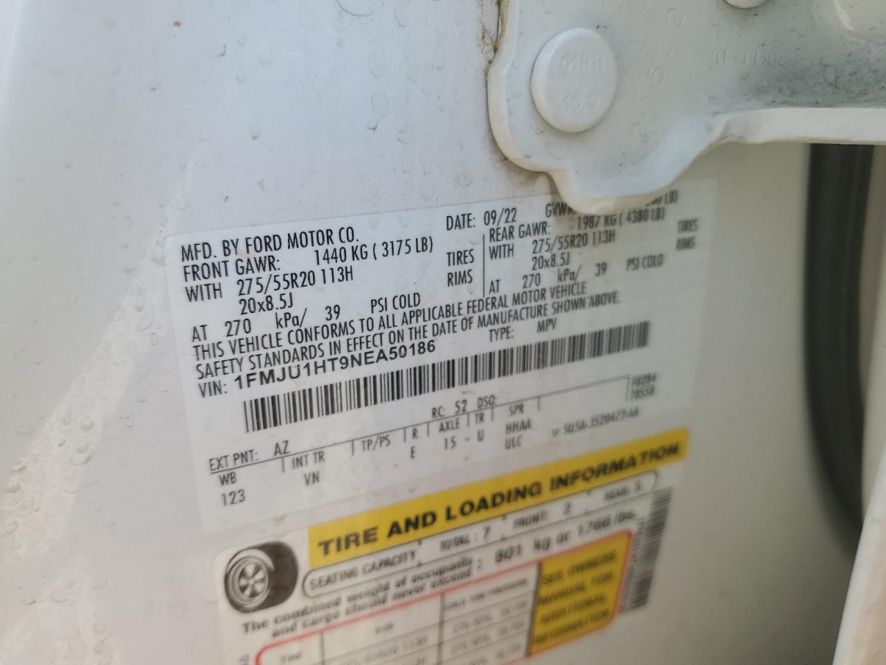 2022 Ford Expedition VIN 1FMJU1HT9NEA50186 Copart auction photo, front end damage thumbnail 14