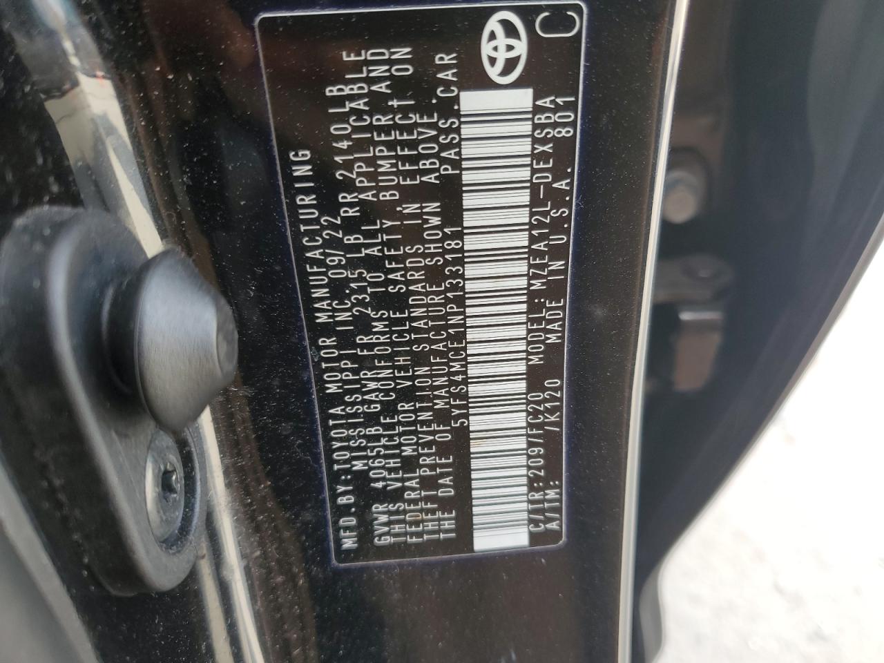 2022 Toyota Corolla VIN 5YFS4MCE1NP133181 Copart auction photo, front end / minor dent/scratches damage thumbnail 14