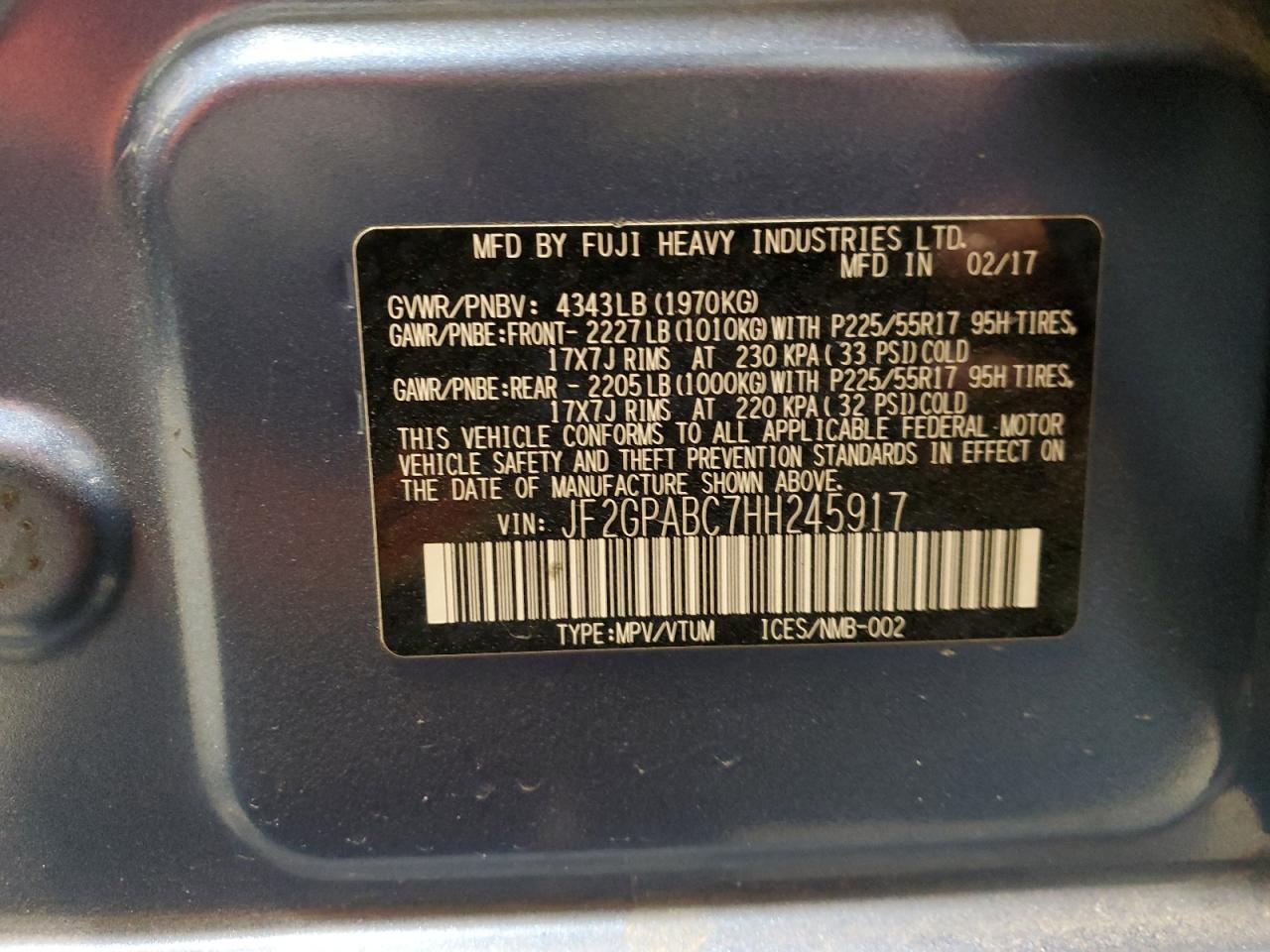 2017 Subaru XV VIN JF2GPABC7HH245917 Copart auction photo, front end / rear end damage thumbnail 13