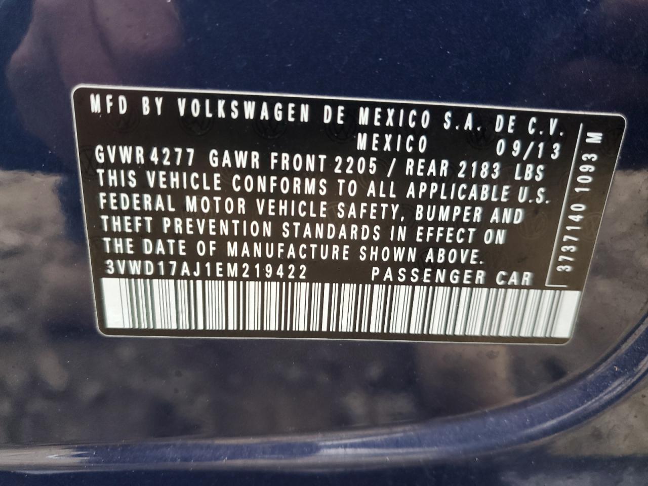 2014 Volkswagen Jetta VIN 3VWD17AJ1EM219422 Copart auction photo, rear end damage thumbnail 12