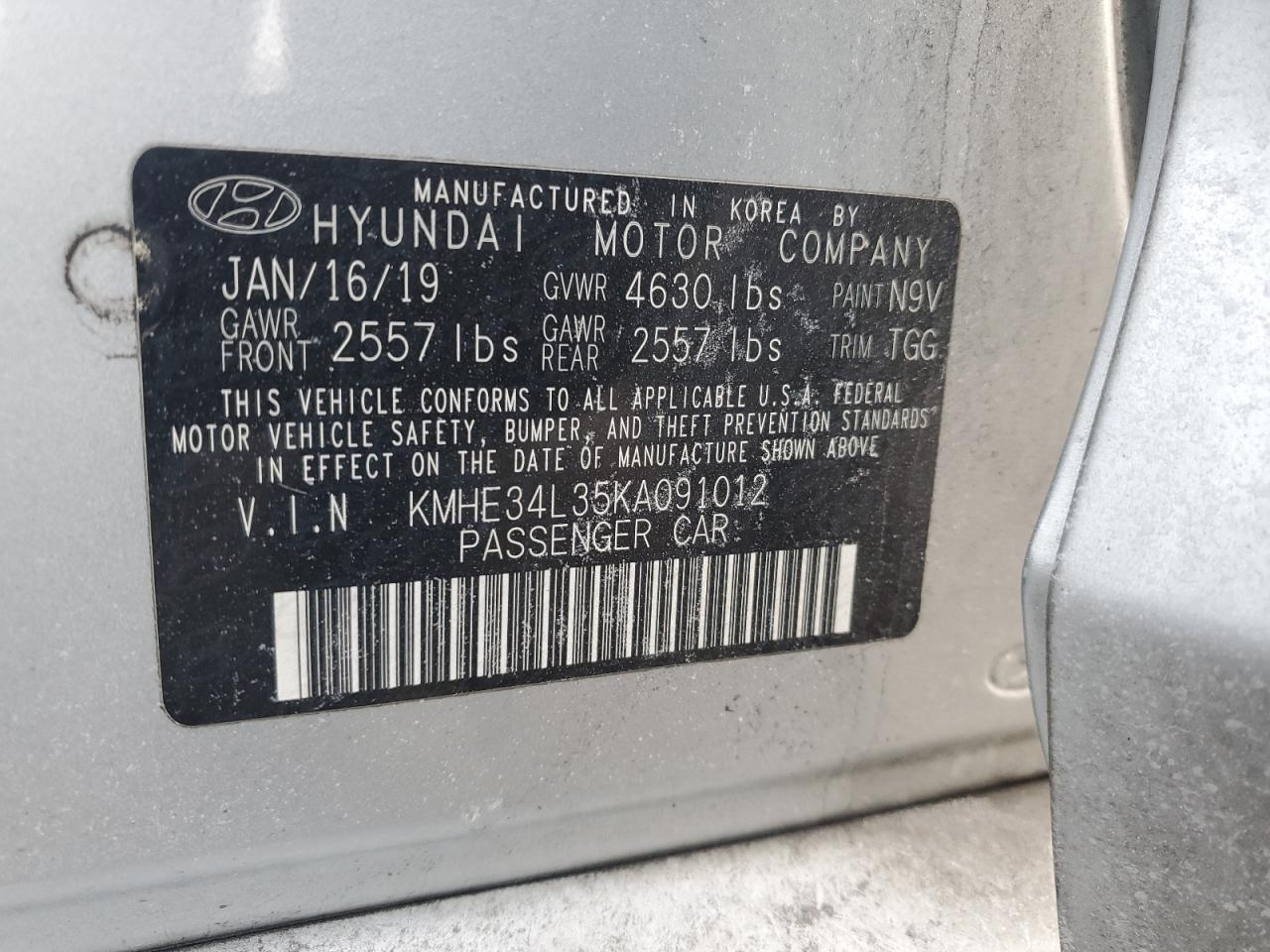 2019 Hyundai Sonata VIN KMHE34L35KA091012 Copart auction photo, rear end damage thumbnail 14