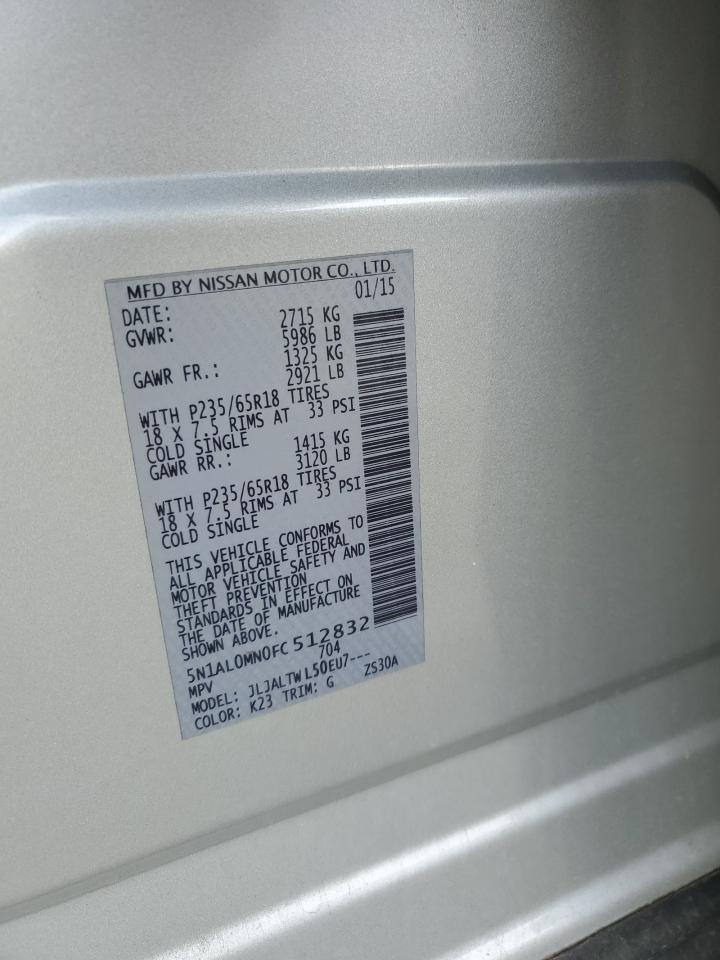 2015 Infiniti QX60 VIN 5N1AL0MN0FC512832 Copart auction photo, front end / rear end damage thumbnail 13