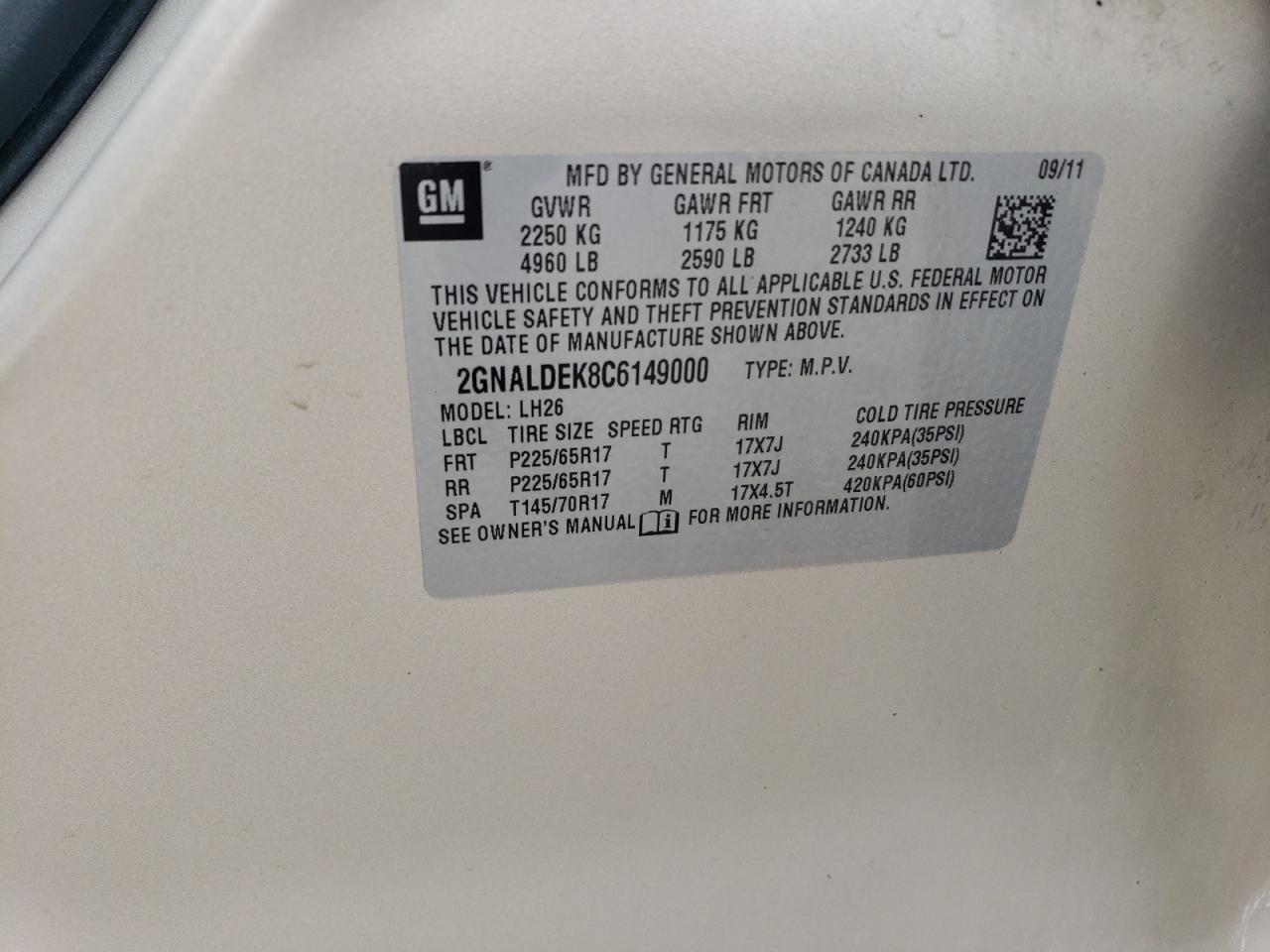 2012 Chevrolet Equinox VIN 2GNALDEK8C6149000 Copart auction photo, all over damage thumbnail 15
