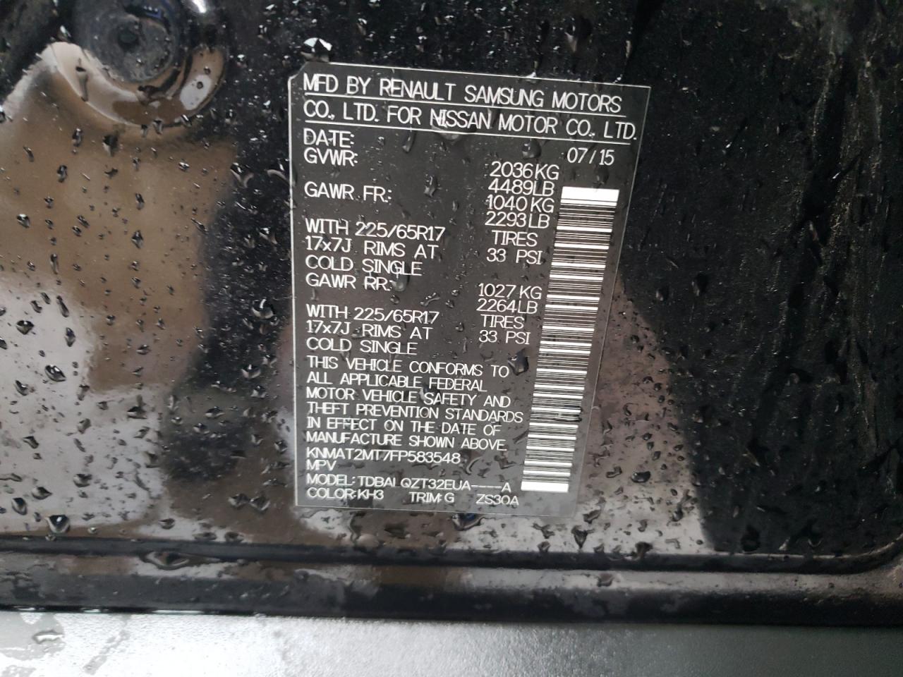 2015 Nissan Rogue VIN KNMAT2MT7FP583548 Copart auction photo, rear end damage thumbnail 13