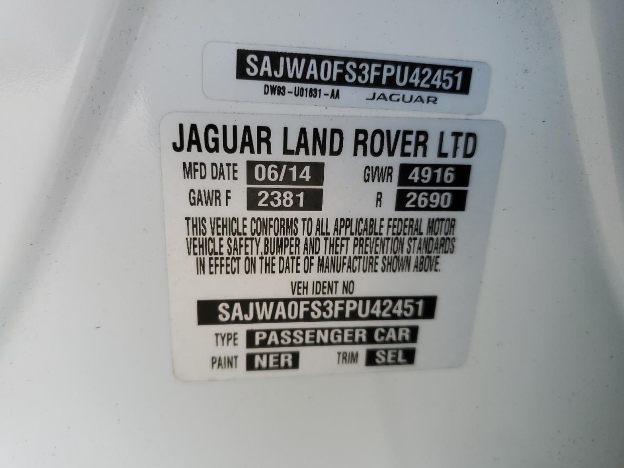 2015 Jaguar XF VIN SAJWA0FS3FPU42451 Copart auction photo, front end / minor dent/scratches damage thumbnail 12