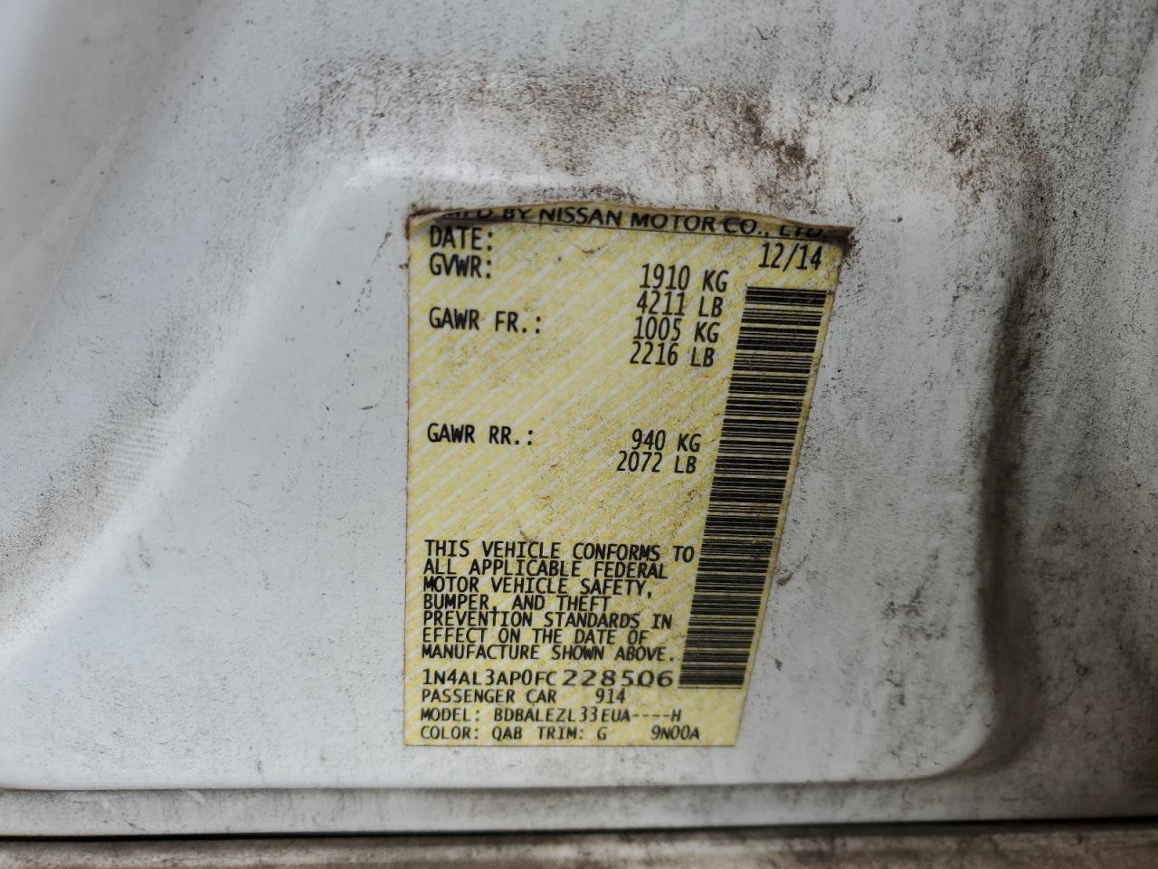 2015 Nissan Altima VIN 1N4AL3AP0FC228506 Copart auction photo, rear end damage thumbnail 12
