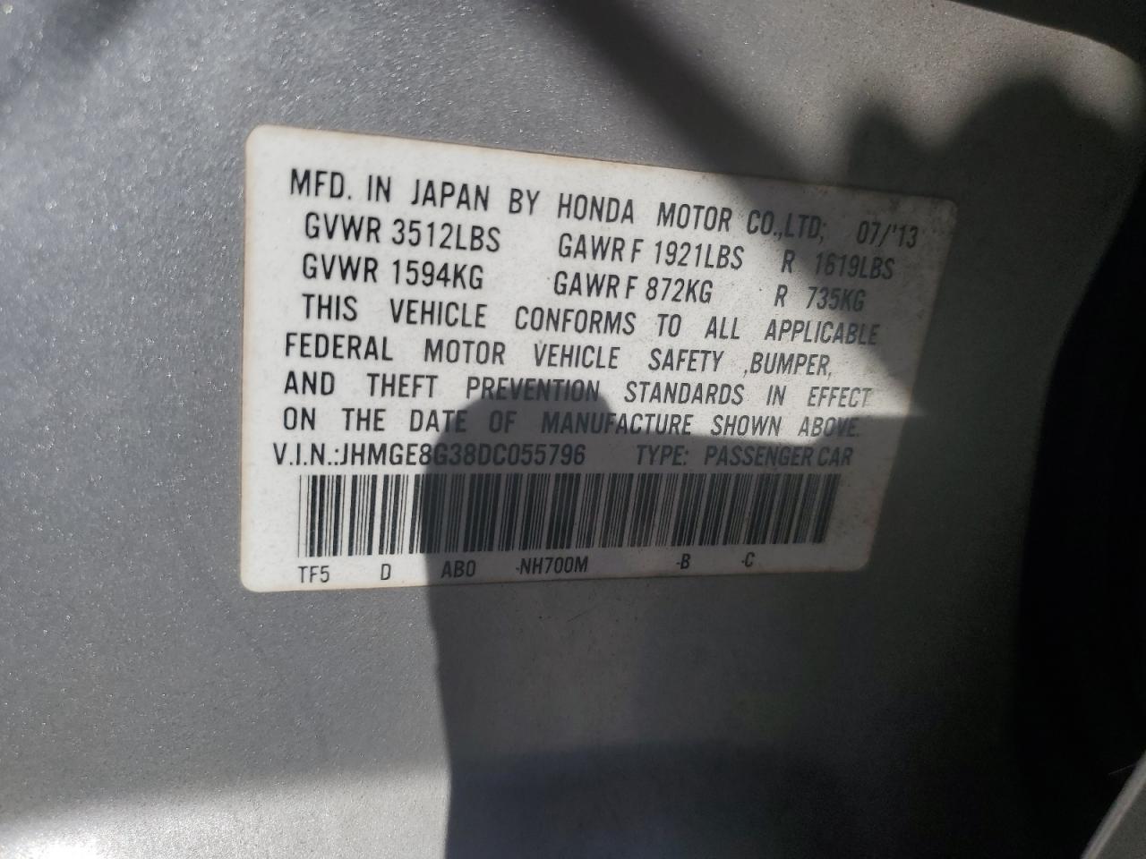 2013 Honda Fit VIN JHMGE8G38DC055796 Copart auction photo, front end damage thumbnail 14