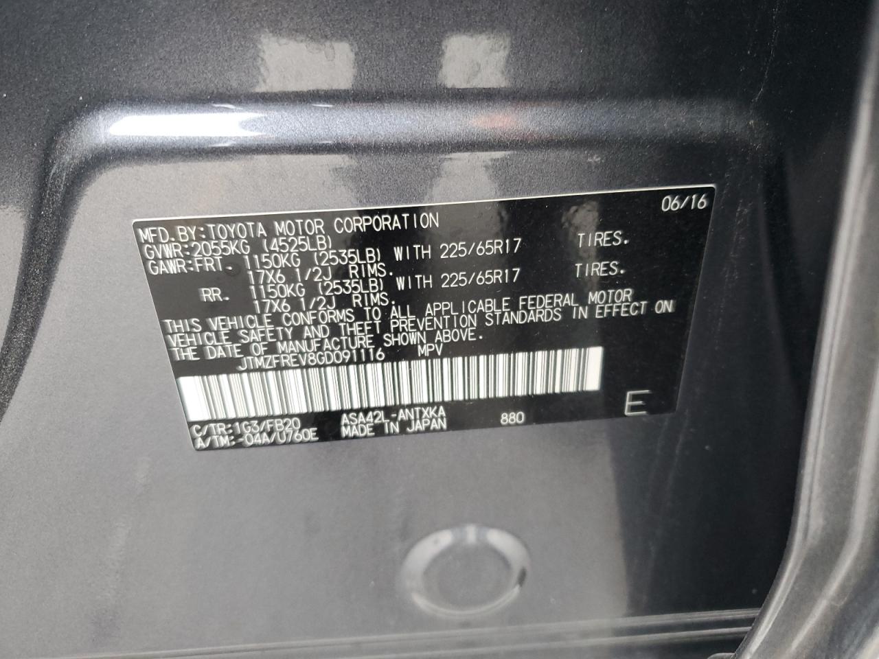 2016 Toyota RAV 4 VIN JTMZFREV8GD091116 Copart auction photo, front end / side damage thumbnail 16