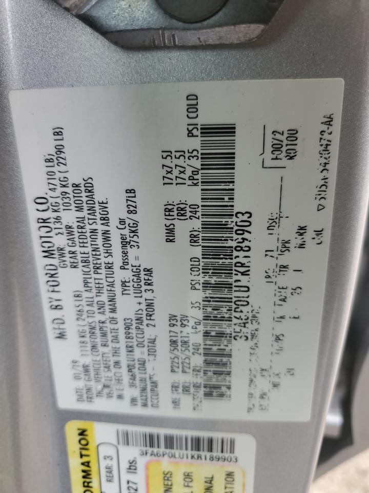 2019 Ford Fusion VIN 3FA6P0LU1KR189903 Copart auction photo, front end damage thumbnail 13
