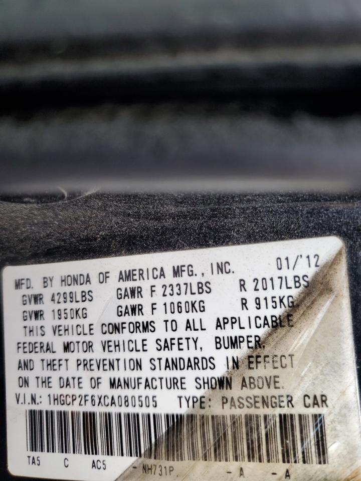 2012 Honda Accord VIN 1HGCP2F6XCA080505 Copart auction photo, front end / minor dent/scratches damage thumbnail 13