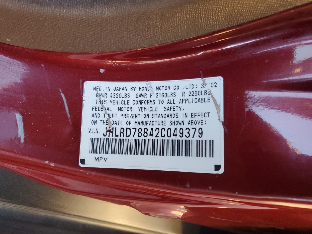 2002 Honda CR-V VIN JHLRD78842C049379 Copart auction photo, front end damage thumbnail 13