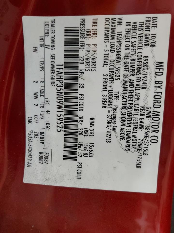 2009 Ford Focus VIN 1FAHP35N09W159525 Copart auction photo, front end / side damage thumbnail 13