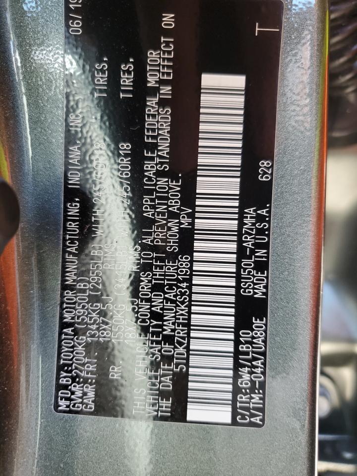 2019 Toyota Highlander VIN 5TDKZRFHXKS341986 Copart auction photo, water/flood damage thumbnail 14