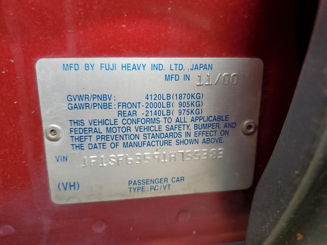 2001 Subaru Forester VIN JF1SF63591H755383 Copart auction photo, front end / rear end damage thumbnail 12