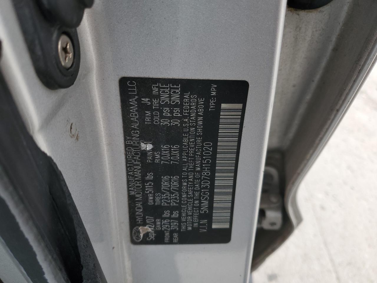 2008 Hyundai Santa Fe VIN 5NMSG13D78H151020 Copart auction photo, rear end / minor dent/scratches damage thumbnail 13