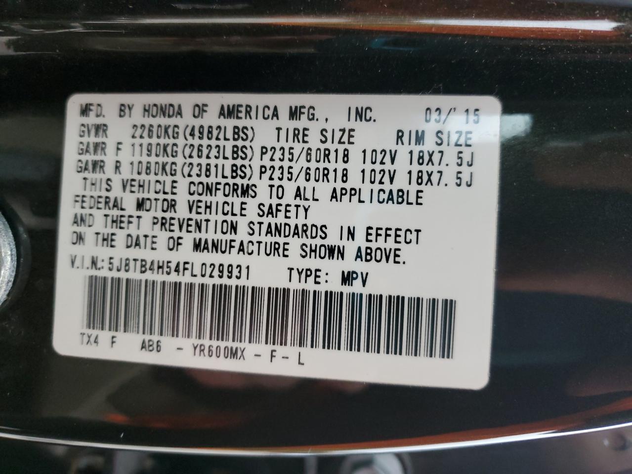2015 Acura RDX VIN 5J8TB4H54FL029931 Copart auction photo, all over damage thumbnail 13