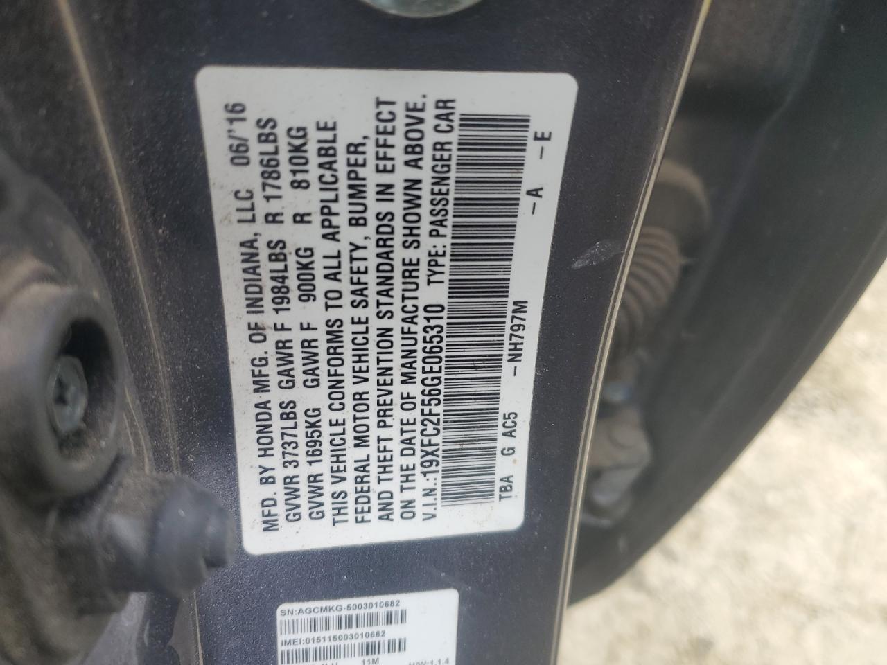 2016 Honda Civic VIN 19XFC2F56GE065310 Copart auction photo, front end / rear end damage thumbnail 15