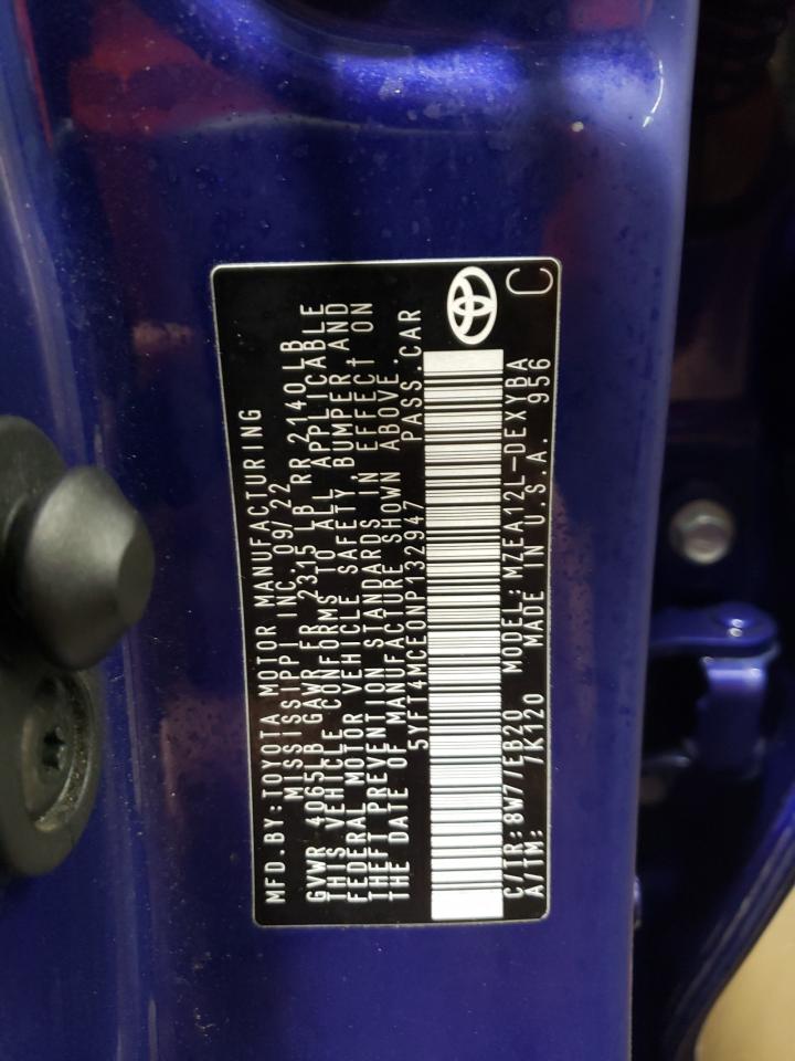 2022 Toyota Corolla VIN 5YFT4MCE0NP132947 Copart auction photo, mechanical damage thumbnail 12