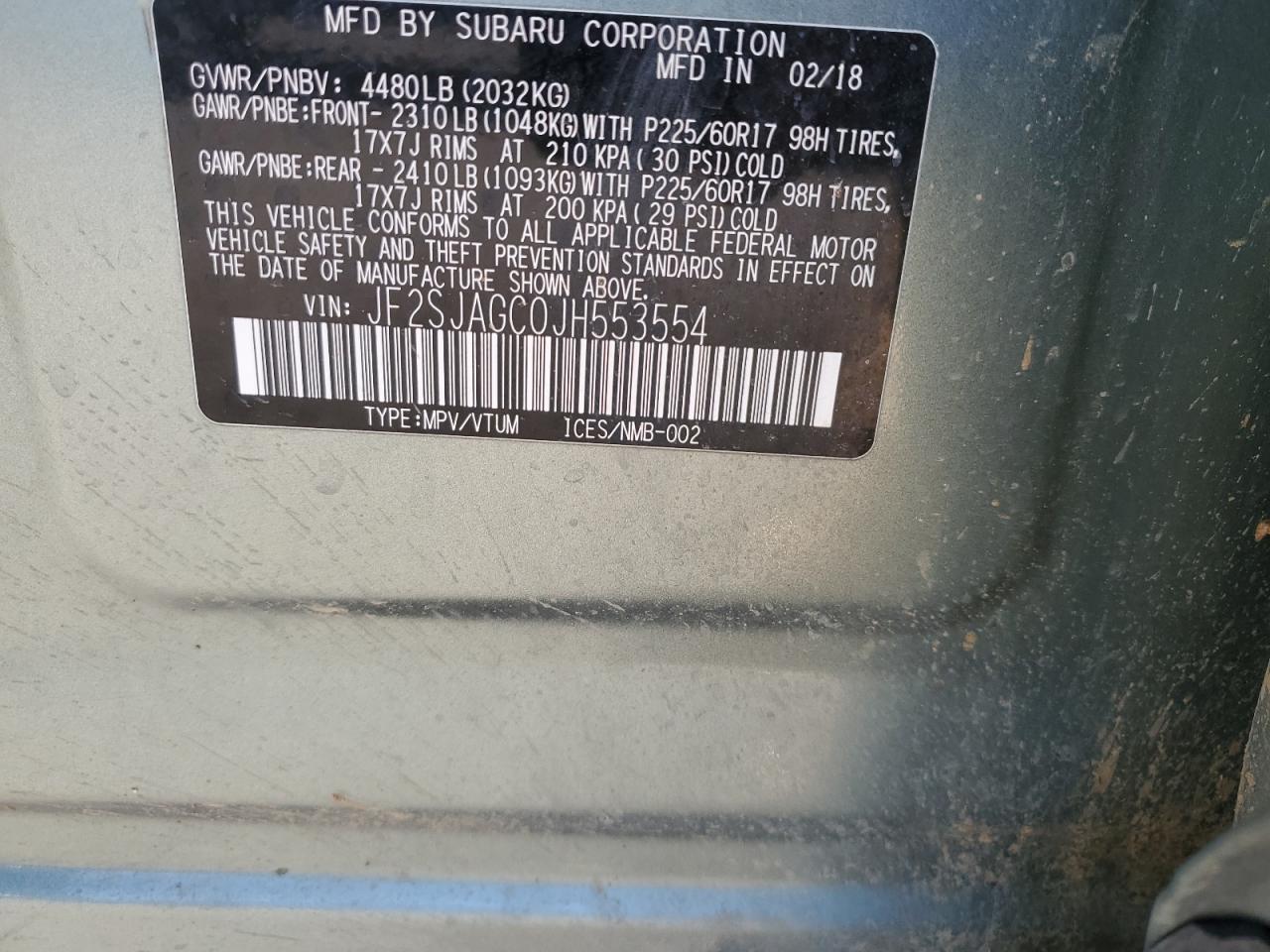 2018 Subaru Forester VIN JF2SJAGC0JH553554 Copart auction photo, side damage thumbnail 14