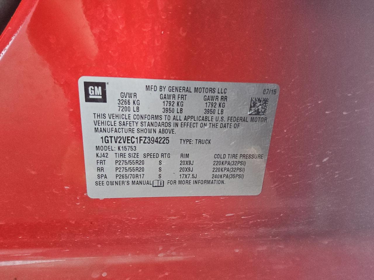 2015 GMC Sierra VIN 1GTV2VEC1FZ394225 Copart auction photo, hail / mechanical damage thumbnail 13