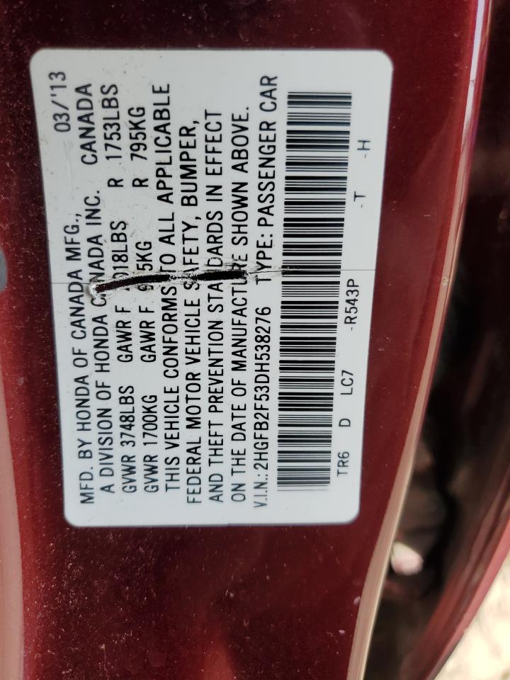 2013 Honda Civic VIN 2HGFB2F53DH538276 Copart auction photo, rear end damage thumbnail 13