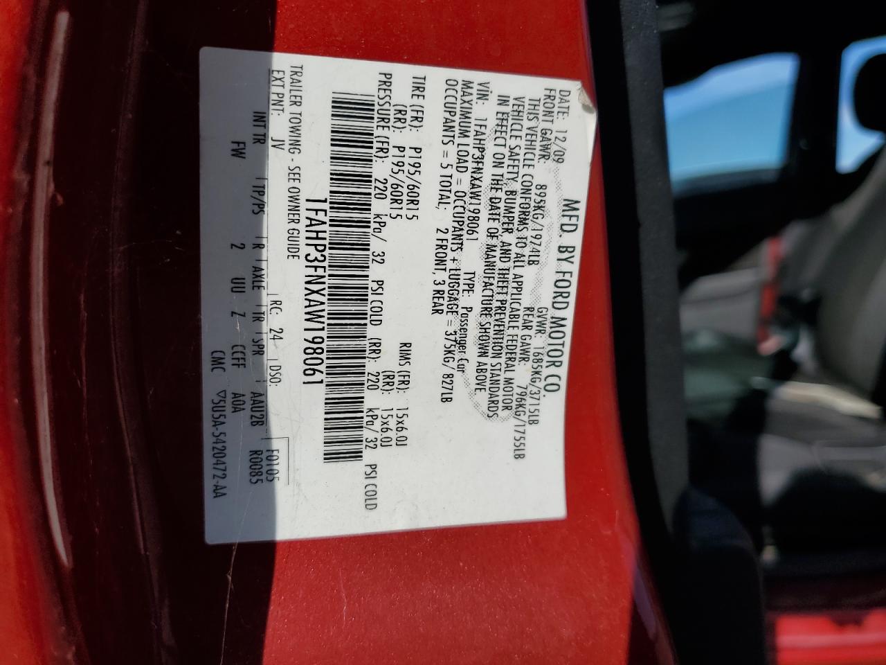 2010 Ford Focus VIN 1FAHP3FNXAW198061 Copart auction photo, side damage thumbnail 12